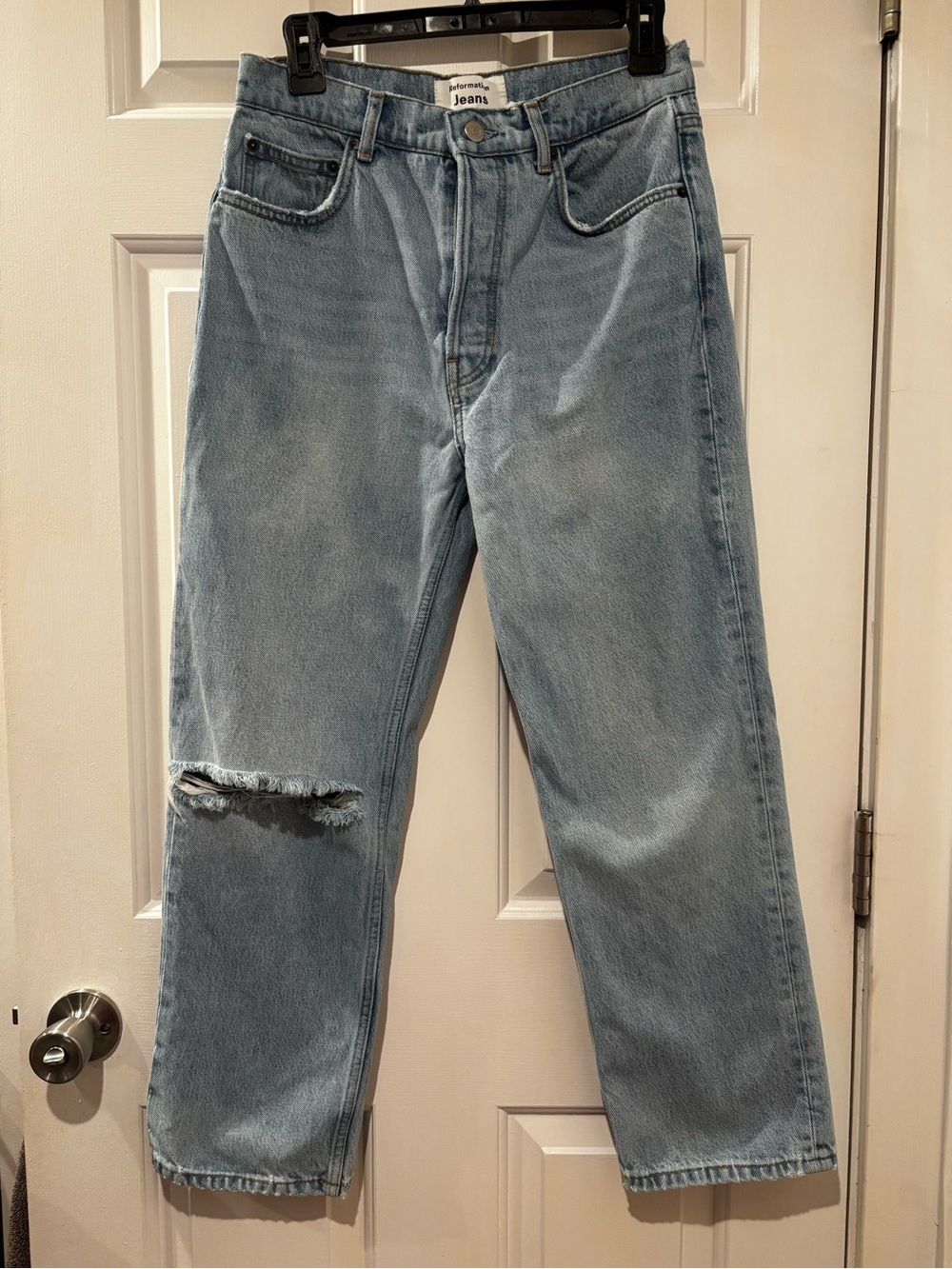 Reformation High Rise Straight Jeans in Tahoe Destroyed